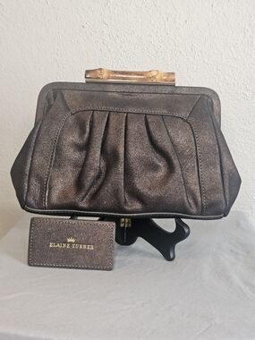 ELAINE TURNER METALLIC LEATHER CLUTCH W/BAMBOO LOCK & POCKET MIRROR VTG